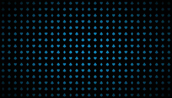 Современный абстрактный векторный фон казино с блестящими голубыми игральными карточками, символы покера на черном фоне, символы казино, широкоэкранные обои — стоковый вектор