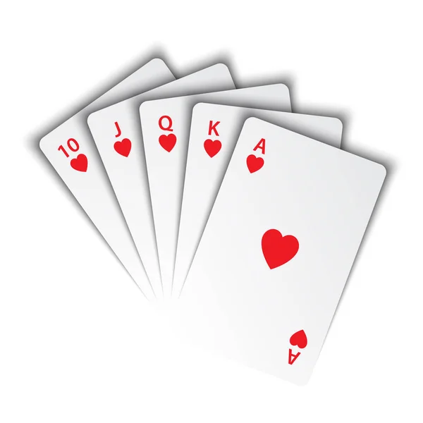 Un rubor real de corazones sobre fondo blanco, ganar manos de cartas de póquer, cartas de juego de casino, símbolos de póquer vectorial — Vector de stock