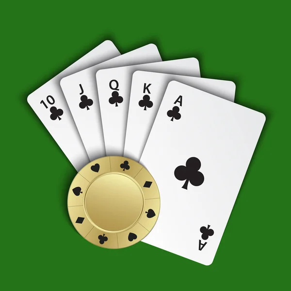 Královská spláchnutí klubů se zlatými pokerovými čipy na zeleném pozadí, vítězné ručičky pokeru, kasino hrací karty a Chipe, symboly vektorového pokeru — Stockový vektor