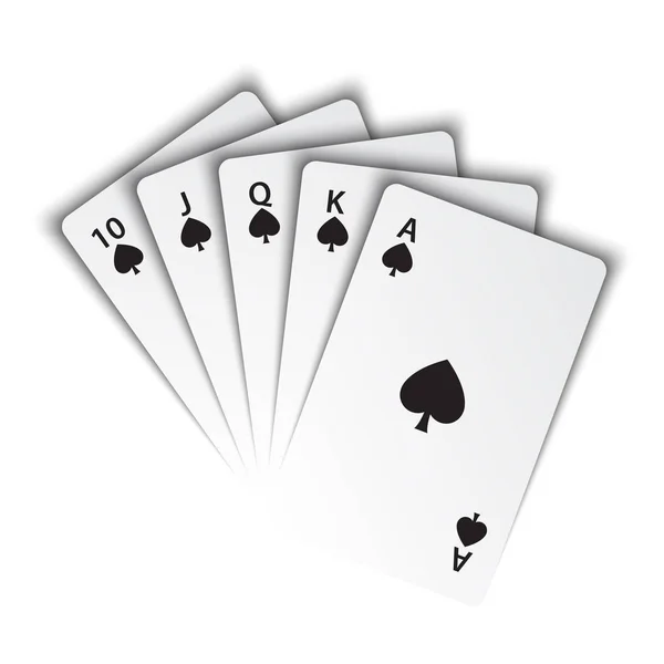 Un rubor real de espadas sobre fondo blanco, ganar manos de cartas de póquer, cartas de juego de casino, símbolos de póquer vectorial — Vector de stock