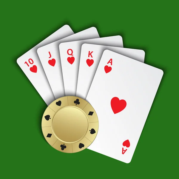 A royal flush of hearts with gold poker chip on green background, winning hands of poker cards, casino playing cards and chip, vector poker symbols — Stock Vector