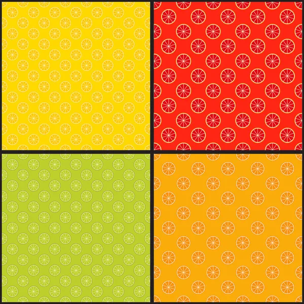 Colección de patrones sin fisuras cítricos, pomelo, lima, limón y naranja vector de fondo — Archivo Imágenes Vectoriales
