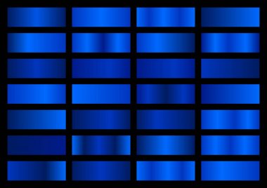 Vektör seti mavi metalik degradeler, swatches koleksiyonu, siyah arka plan üzerinde parlak degrade seti, metal doku