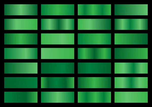 Conjunto vetorial de gradientes metálicos verdes, coleção de amostras, gradiente brilhante definido no fundo preto, textura metálica — Vetor de Stock