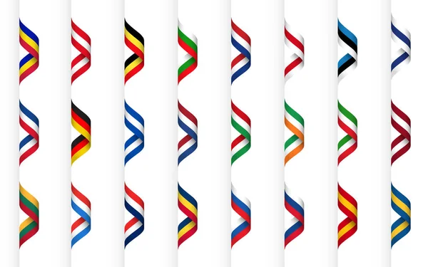 Gran colección de cintas con colores de estados europeos, moderna apariencia ondulada, símbolos simples aislados sobre un fondo blanco — Vector de stock