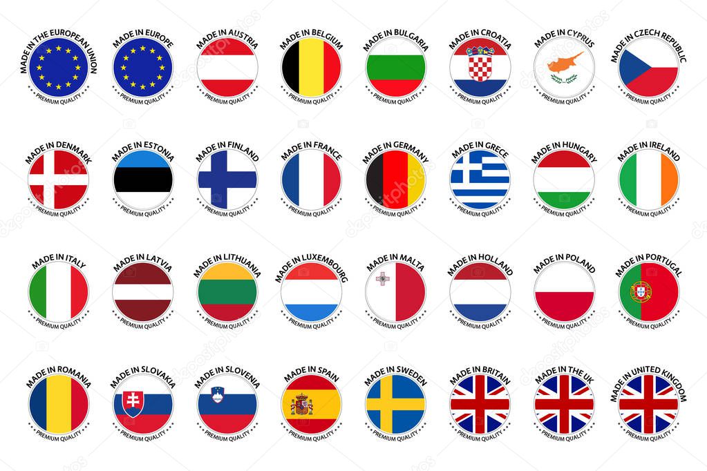 Set of modern vector Made in labels isolated on a white background, simple stickers in the colors of the member states of the European Union, premium quality stamps design