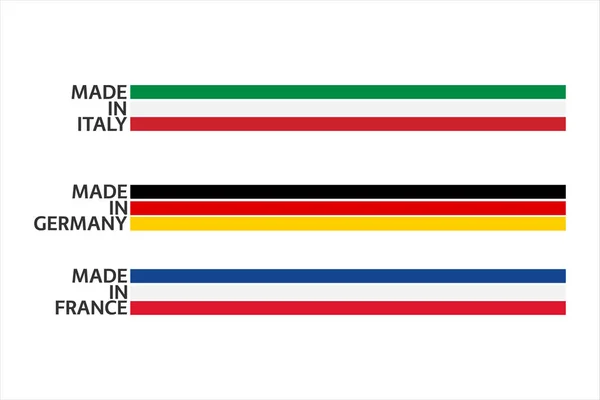 Logotipos del juego de vectores Made in Italy, Made in France y Made in Germany con rayas con los colores de la bandera italiana, francesa y alemana aislada sobre fondo blanco — Vector de stock