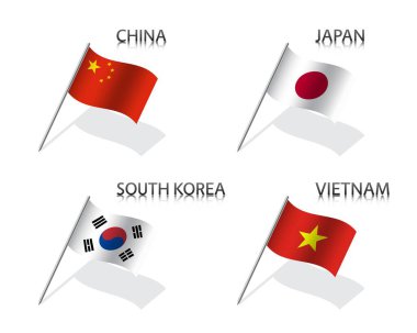 Çin, Japonya, Güney Kore ve Vietnam 'dan oluşan dört bayrak seti. Beyaz arkaplanda bayraklı basit semboller