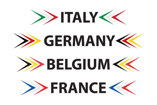 4つのイタリア語 ドイツ語 ベルギー語 フランス語の記号のセット イタリア製 フランス製 ドイツ製 ベルギー製 白い背景にフラグが隔離されたシンプルなアイコン — ストックベクタ
