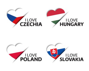 Dört Çek, Macar, Polonya ve Slovak kalp çıkartması seti. Çek Cumhuriyeti, Macaristan, Polonya ve Slovakya 'yı seviyorum. Polonya malı. Beyaz arkaplanda izole edilmiş bayraklı basit simgeler