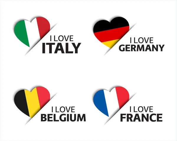 Conjunto Cuatro Pegatinas Italianas Alemanas Belgas Francesas Forma Corazón Encantan — Vector de stock