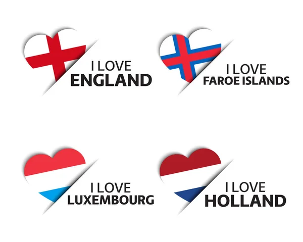 Set Mit Vier Englischen Färöischen Luxemburgischen Und Holländischen Herzförmigen Aufklebern — Stockvektor