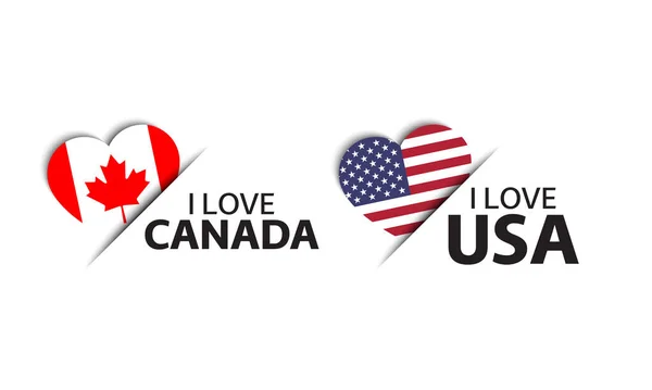 Conjunto Dos Pegatinas Canadienses Estadounidenses Forma Corazón Amo Canadá América — Vector de stock
