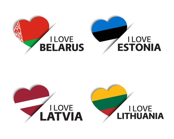 Ensemble Quatre Autocollants Forme Coeur Biélorusse Estonien Letton Lituanien Aime — Image vectorielle