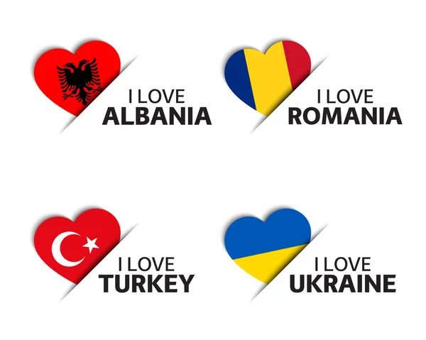 Ensemble Quatre Autocollants Forme Cœur Albanais Roumains Turcs Ukrainiens Aime — Image vectorielle