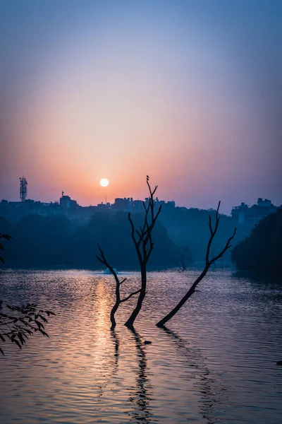 Sun Rising Hauz Khas Lake Autumn — Stock Photo, Image
