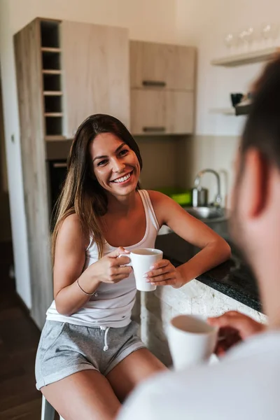 Close Image Happy Couple Drinking Morning Coffee Kitchen — Stock Photo, Image