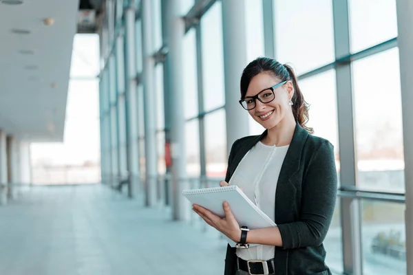 Successful Satisfied Businesswoman Standing Office Building Window Holding Notebook — Stock Photo, Image