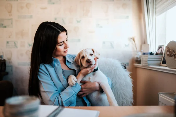 Attractive Young Woman Sitting Her Dog Desk — Stock Photo, Image