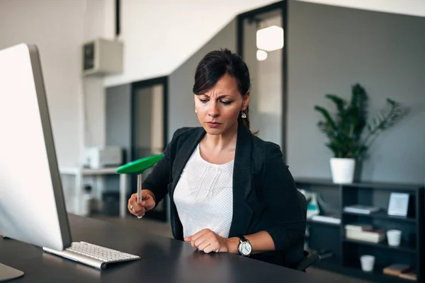 Irriterad Affärskvinna Slå Fluga Med Flugsmälla — Stockfoto