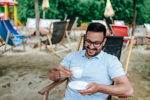 Close Image Happy Young Man Drinking Coffee Beach Bar — Stock Photo, Image