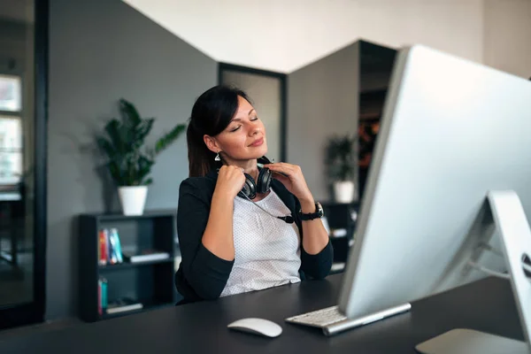 Charming Young Woman Closed Eyes Sitting Office Desk — Stock Photo, Image