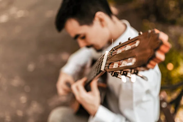 Блакитне Зображення Чоловічого Музиканта Який Грає Гомосексуальній Гітарі Відкритому Повітрі — стокове фото