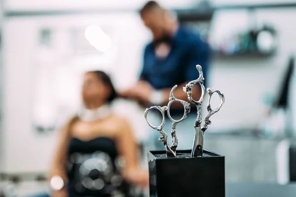 Stylish Scissors Hairdresser Salon Concept Copy Space — Stock Photo, Image