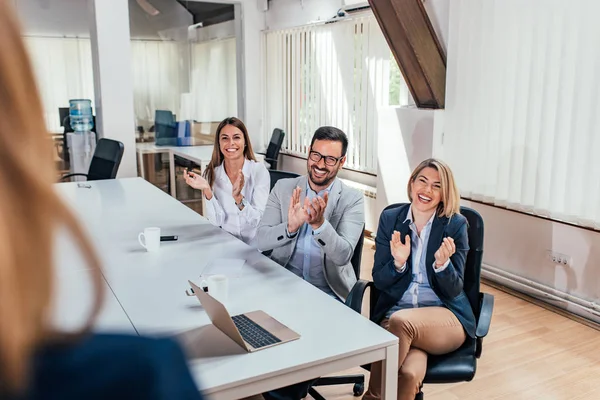 Happy Business People Applauding Leader Colleague Point View — Stock Photo, Image