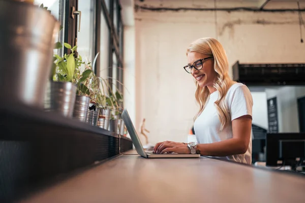 Vista Lateral Del Freelancer Femenino Trabajando Portátil —  Fotos de Stock