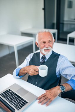 Kahve içme sırasında dizüstü bilgisayar önünde oturma büyük bir işadamı portresi.