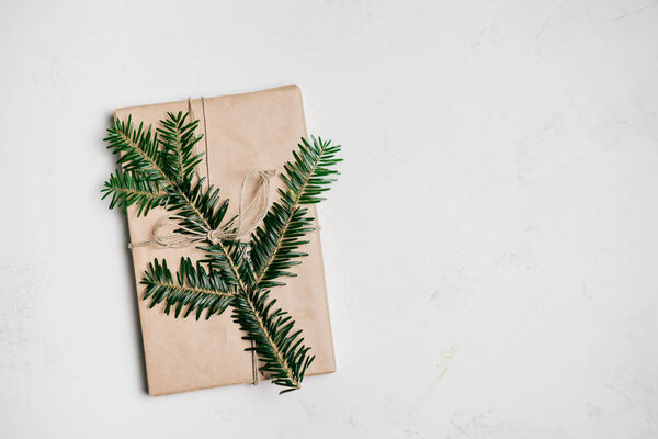 Charming simple wrapped gift. Top view. Copy space.