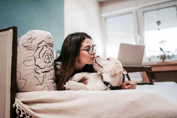 年轻女子接吻小狗的家庭画像 — 图库照片