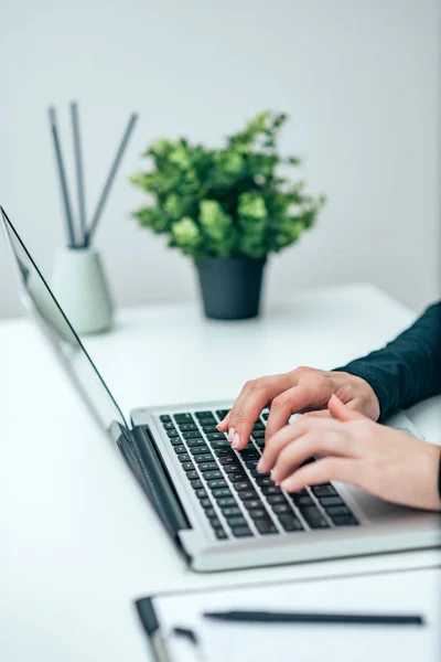 Närbild Bild Kvinnliga Person Använder Laptop — Stockfoto