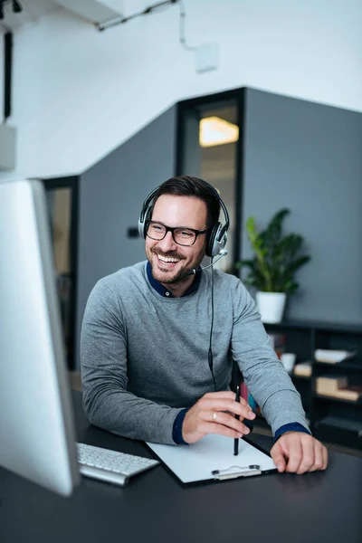 Happy Handsome Tech Manager Talking Client Headset — Stock Photo, Image