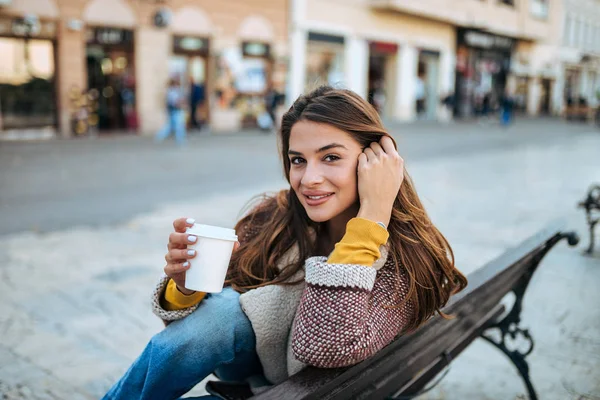 Portrait Young Woman Drinking Coffee Bench City Looking Camera — Stock Photo, Image