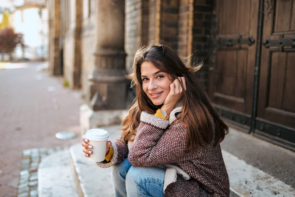 Portrait Young Woman Drinking Coffee Street Stairs — Stock Photo, Image