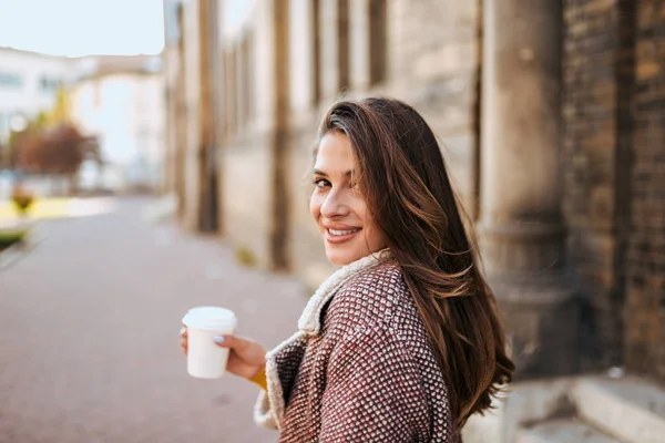 Head Shot Gorgeous Brunette City Street Drinking Coffee Looking Camera — Stock Photo, Image