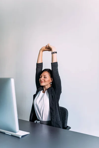 Charming Businesswoman Stretching Hands Office — Stock Photo, Image