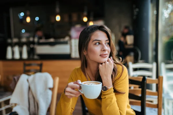 Stylish Young Woman Drinking Coffee Cafe Looking Away — Stock Photo, Image
