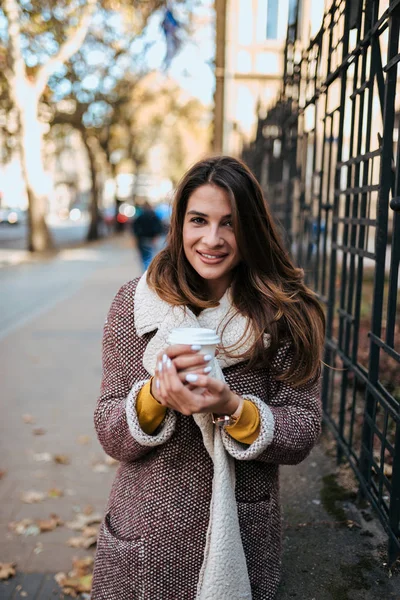 Portrait Stylish Woman Takeaway Coffee City Street — Stock Photo, Image