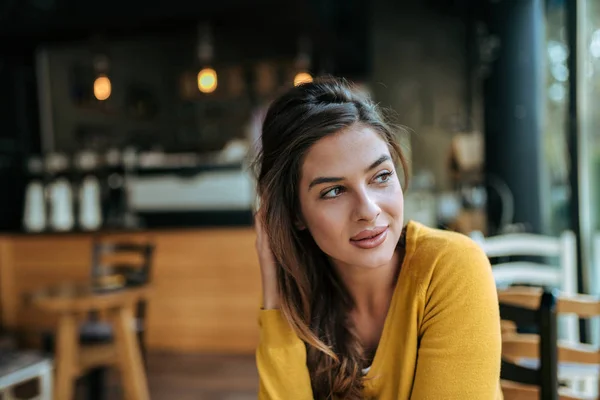 Headshot Beautiful Brunette Cafe — Stock Photo, Image