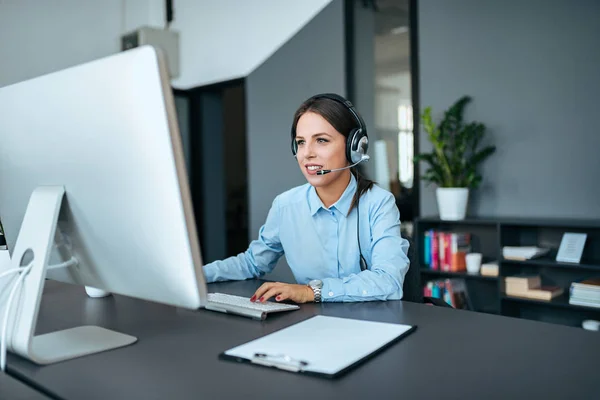 Helpdesk Support Concept Young Elegant Woman Headset Working Computer Stock Picture