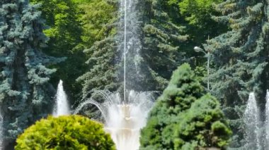 Şehir parkındaki çeşme. İnsanlar çeşmenin yanındaki parkta yürüyorlar..
