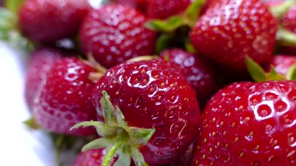 Fresas Frescas Maduras Bol Sobre Fondo Negro Verde Fresas Jardín — Vídeos de Stock
