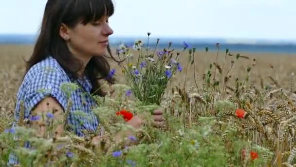 美丽的女孩在田野上收集野花 五颜六色的花朵 罂粟花 毛发和 Chamomiles — 图库视频影像