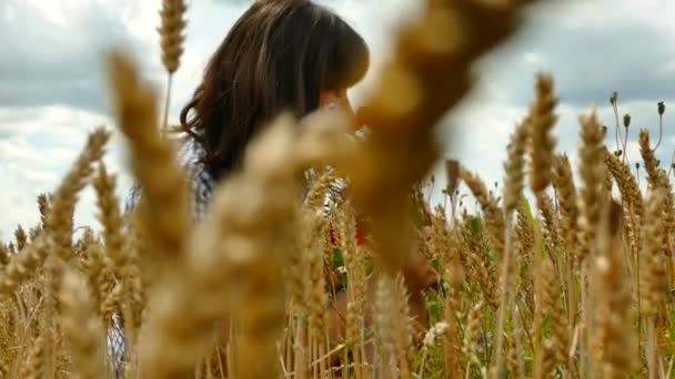 Mooi Meisje Verzamelt Wilde Bloemen Het Veld Een Veelkleurige Boeket — Stockvideo