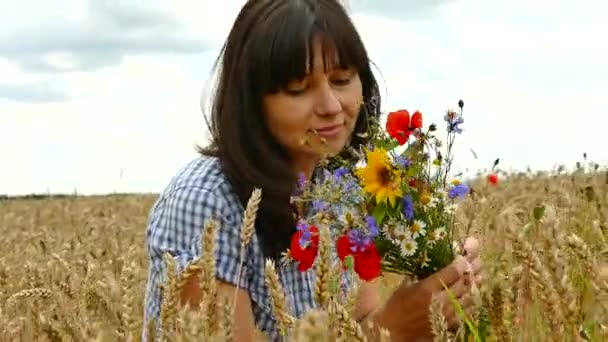 Hermosa Chica Recoge Flores Silvestres Campo Ramo Multicolor Flores Amapolas — Vídeos de Stock