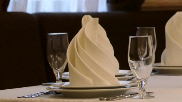Served Table Restaurant Plates Glasses Napkins Forks Service Arranged Guests — Stock Video