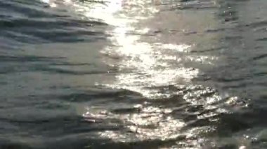Denizde hassas sörf dalgaları. Okyanustaki günbatımının yansıması.